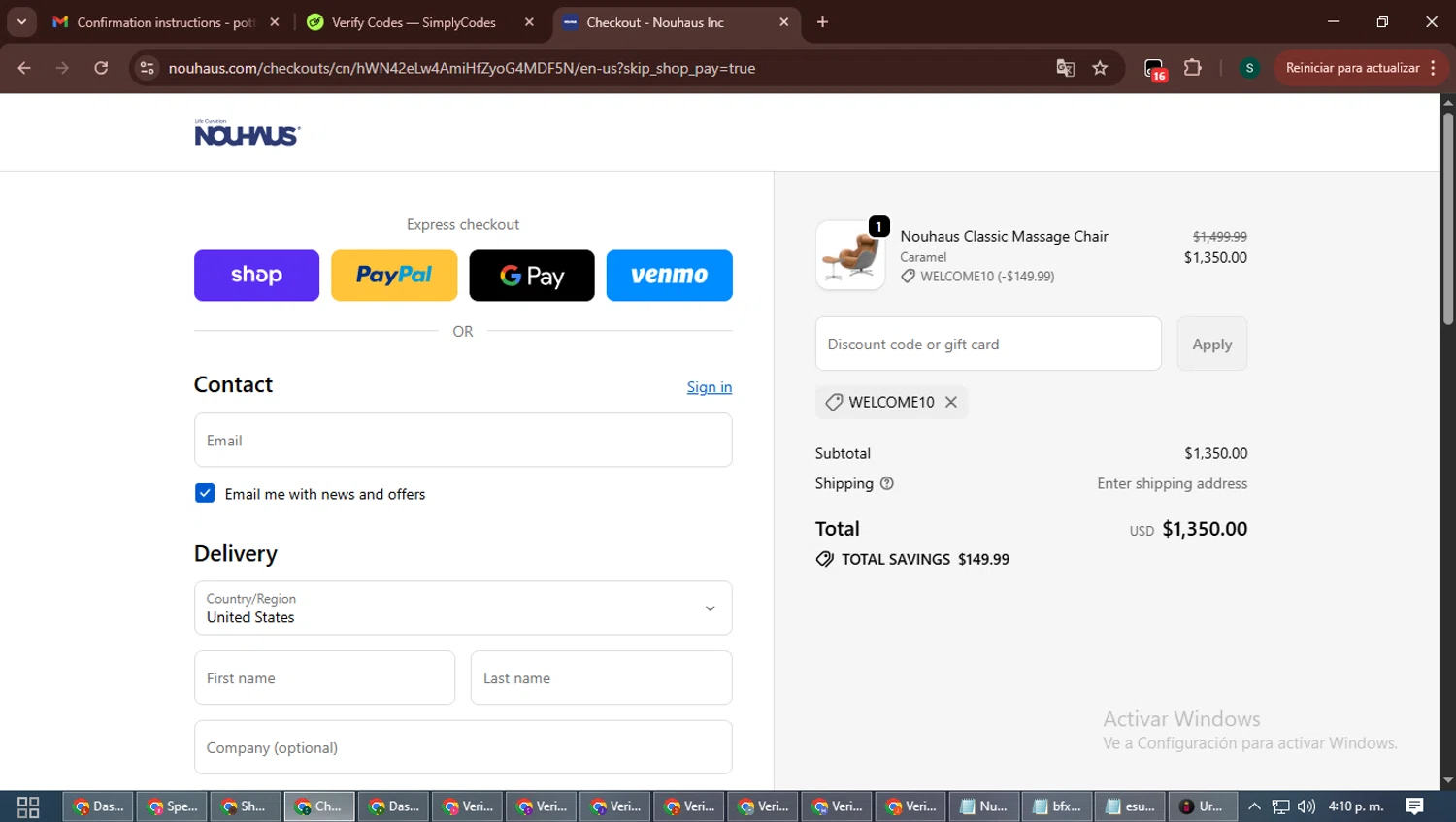 NOUHAUS promo code screenshot showing code WELCOME10 applied at NOUHAUS checkout page. Uploaded by SimplyCodes community member ShrewdAce7935 on Oct 12, 2025