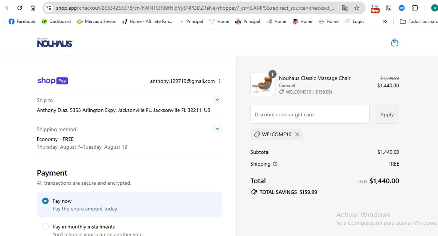 NOUHAUS promo code screenshot showing code WELCOME10 applied at NOUHAUS checkout page. Uploaded by SimplyCodes community member anthonydiaz1 on Jul 29, 2025