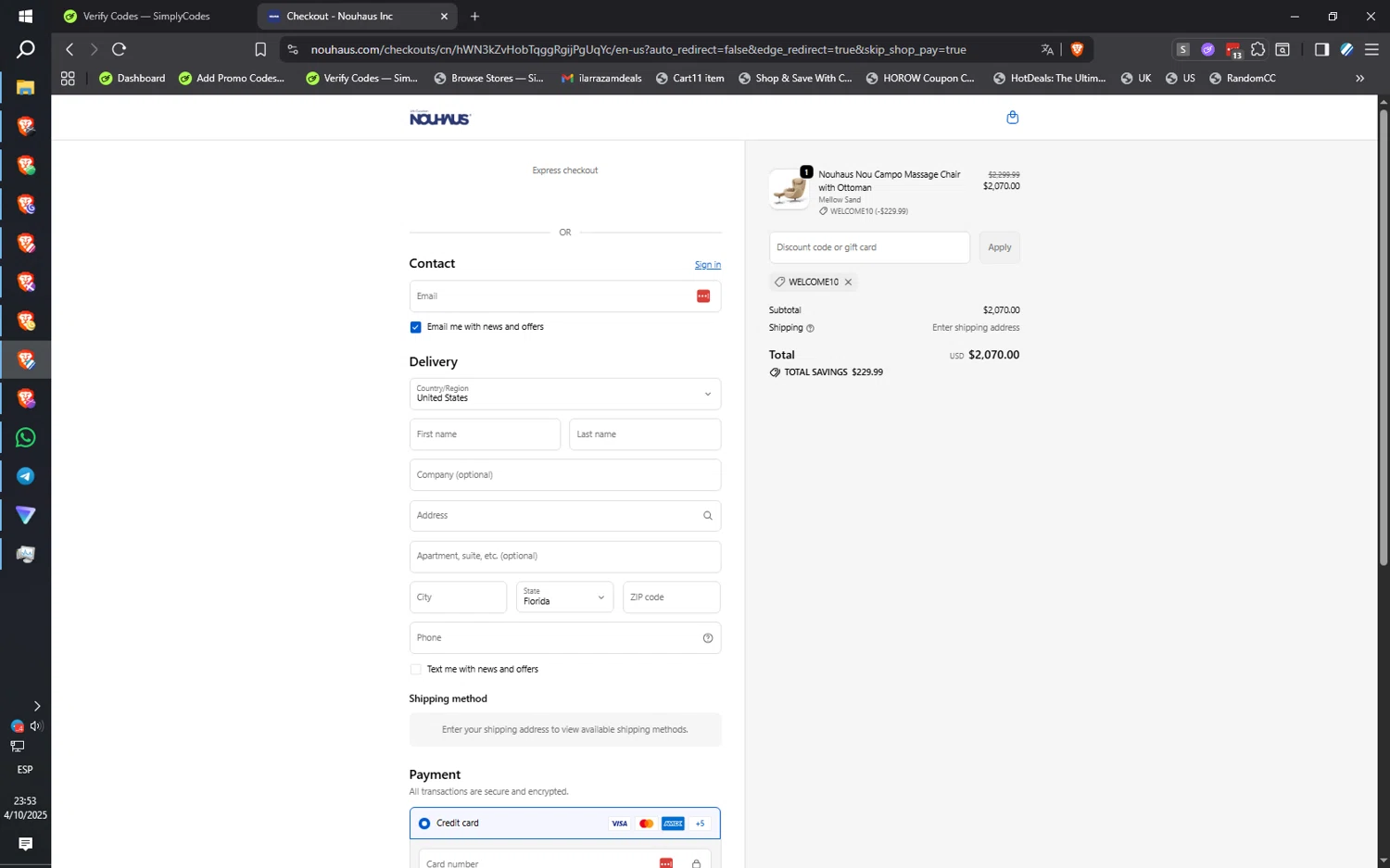 NOUHAUS promo code screenshot showing code WELCOME10 applied at NOUHAUS checkout page. Uploaded by SimplyCodes community member ilarrazaM2 on Oct 5, 2025