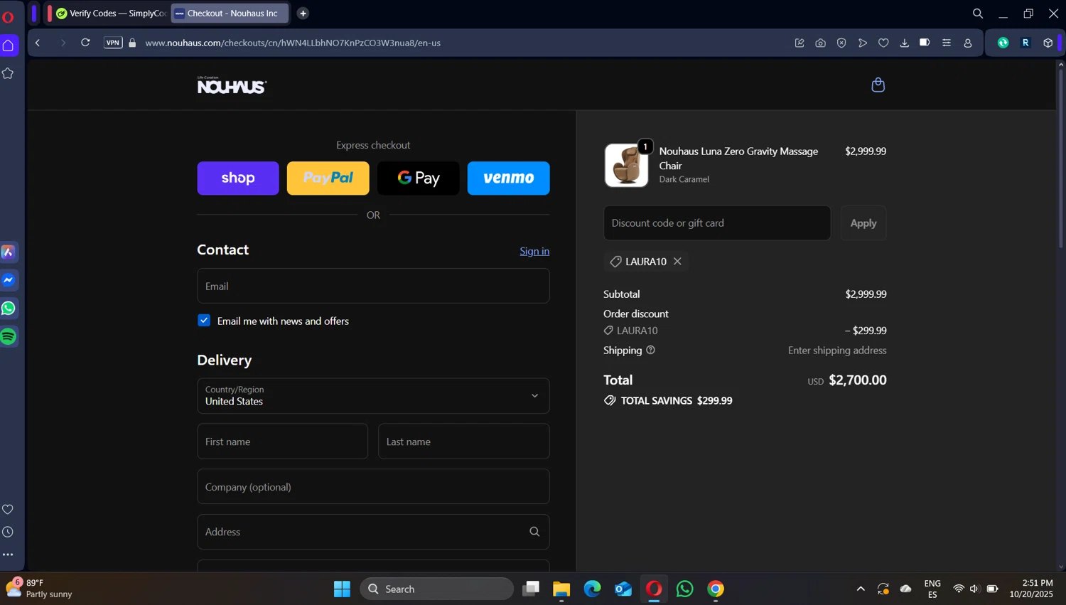 NOUHAUS promo code screenshot showing code Laura10 applied at NOUHAUS checkout page. Uploaded by SimplyCodes community member DiscountSleuth2229 on Oct 20, 2025