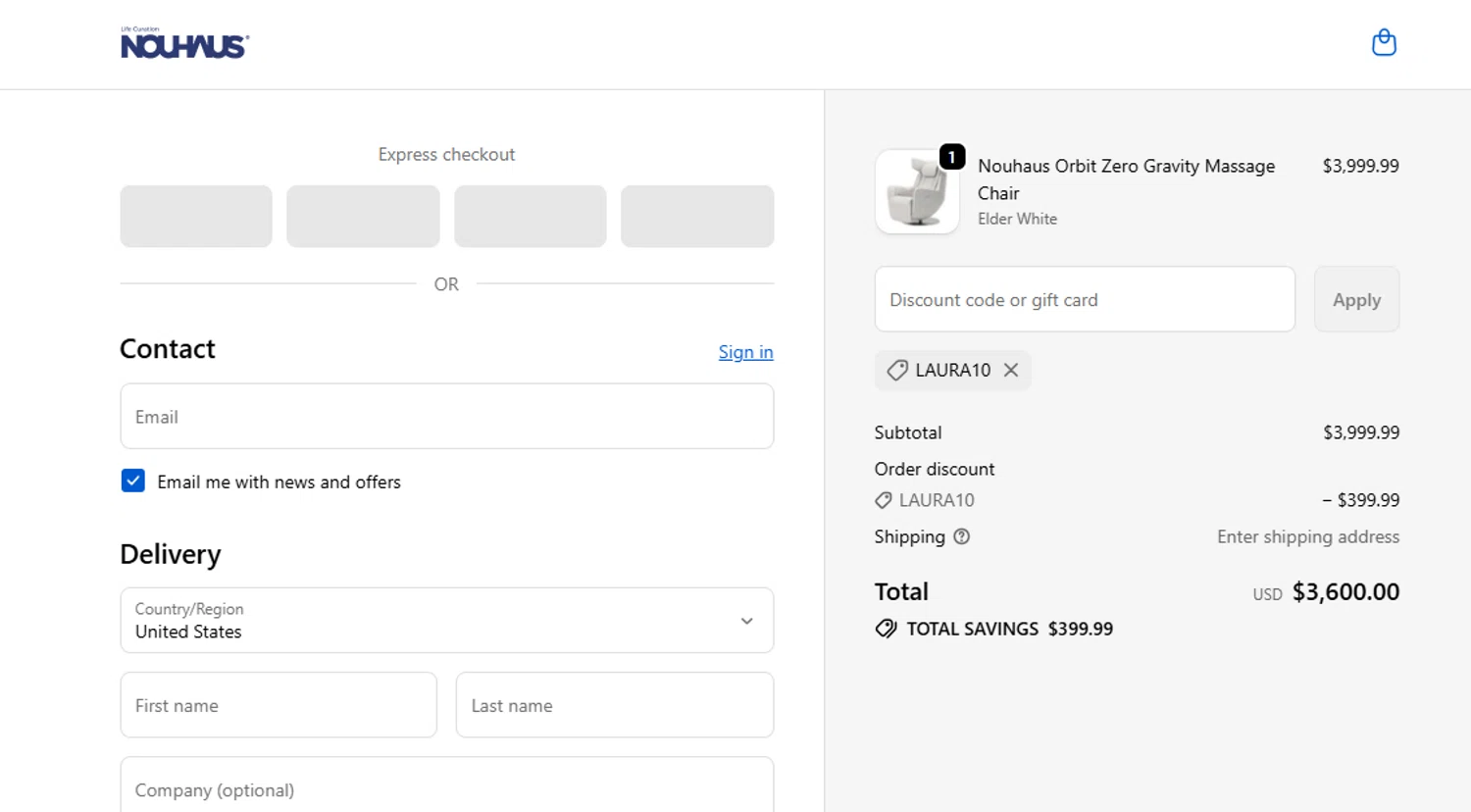 NOUHAUS promo code screenshot showing code Laura10 applied at NOUHAUS checkout page. Uploaded by SimplyCodes community member Juanls04 on Oct 12, 2025