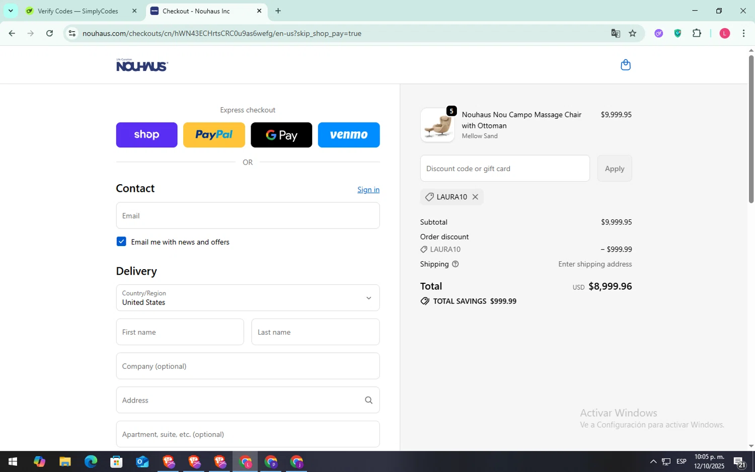 NOUHAUS promo code screenshot showing code Laura10 applied at NOUHAUS checkout page. Uploaded by SimplyCodes community member SilverFox3257 on Oct 13, 2025