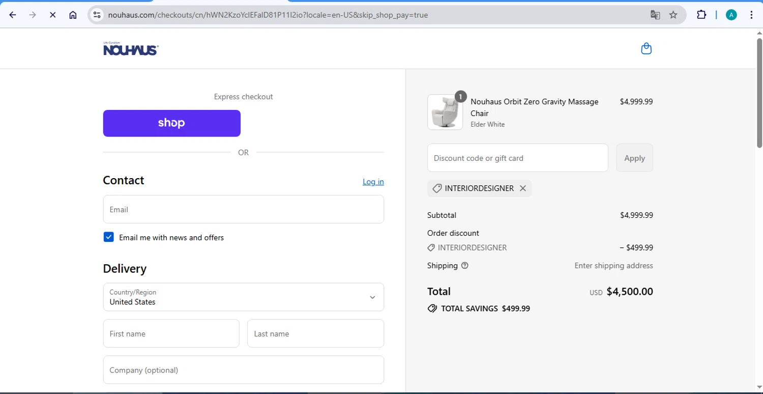 NOUHAUS promo code screenshot showing code interiordesigner applied at NOUHAUS checkout page. Uploaded by SimplyCodes community member AlexSierra on Aug 28, 2025