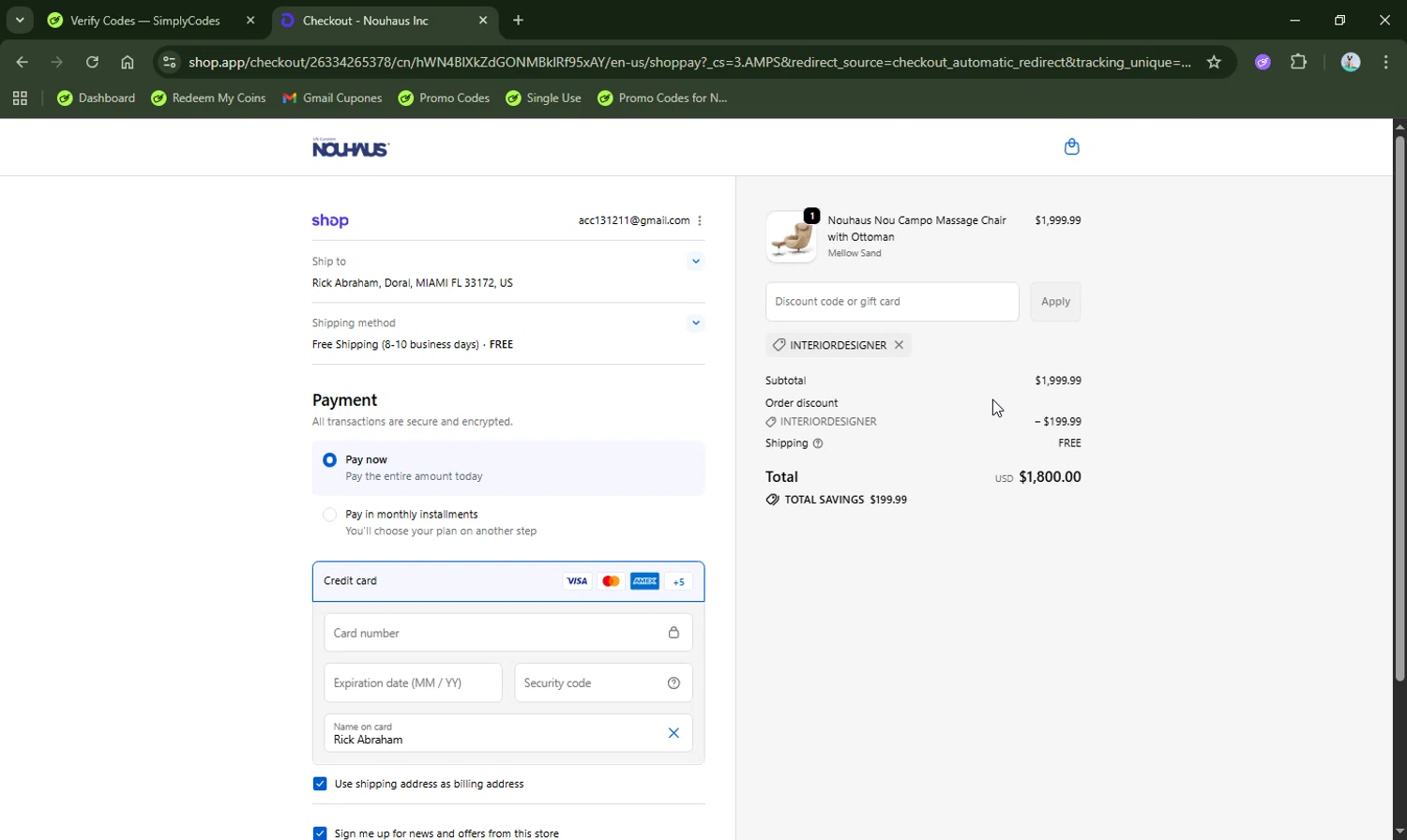 NOUHAUS promo code screenshot showing code interiordesigner applied at NOUHAUS checkout page. Uploaded by SimplyCodes community member LHaunter2 on Oct 16, 2025