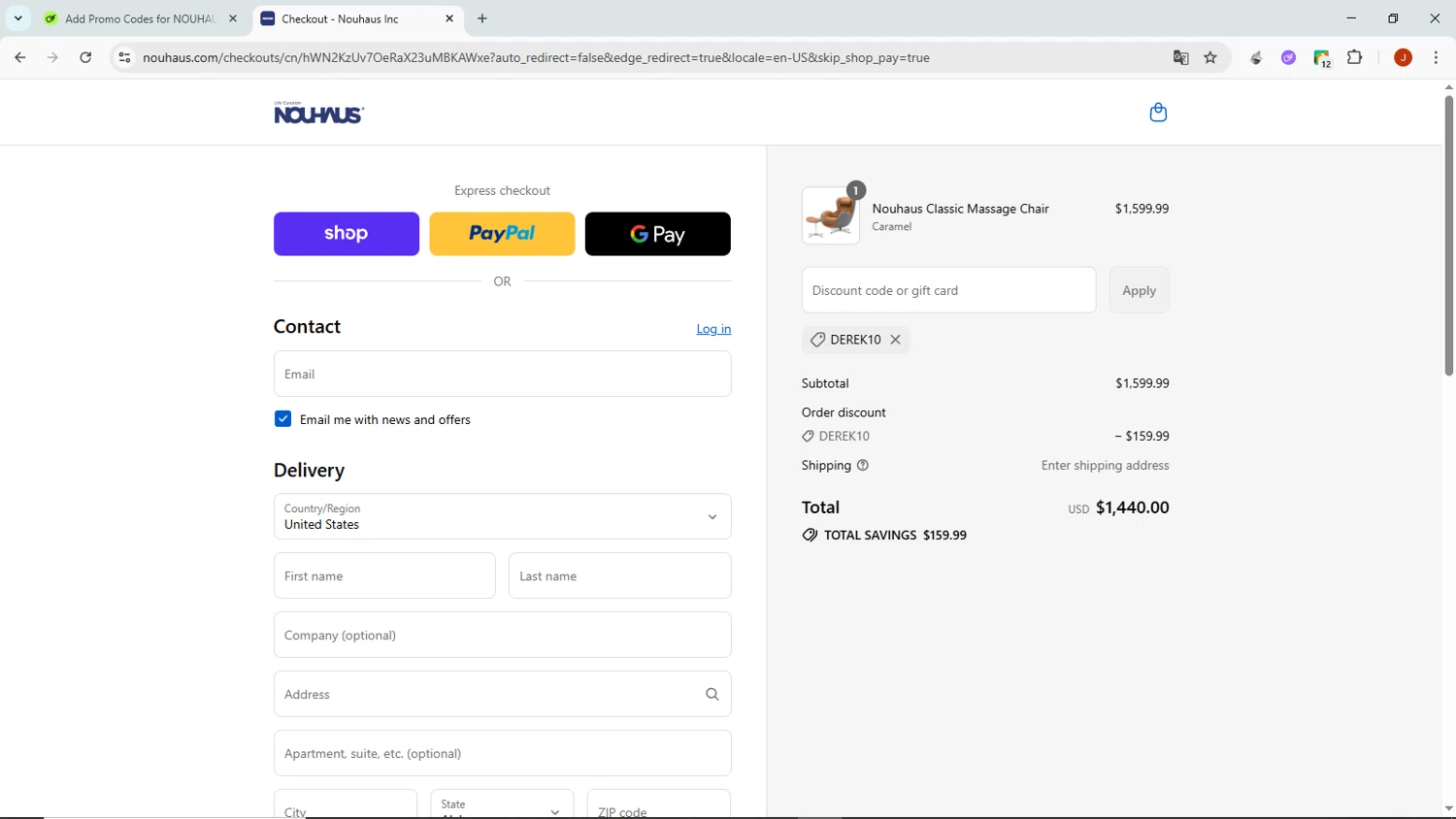 NOUHAUS promo code screenshot showing code Derek10 applied at NOUHAUS checkout page. Uploaded by SimplyCodes community member NobleMaven802 on Aug 28, 2025