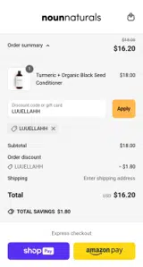 Noun Naturals coupon verification screenshot