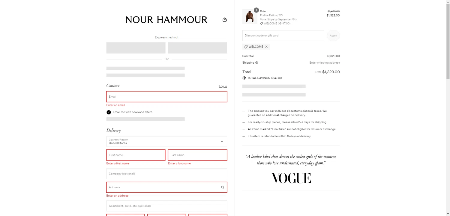Nour Hammour discount code screenshot showing code WELCOME applied at Nour Hammour checkout page. Uploaded by SimplyCodes community member BrilliantRanger9984 on Aug 21, 2025