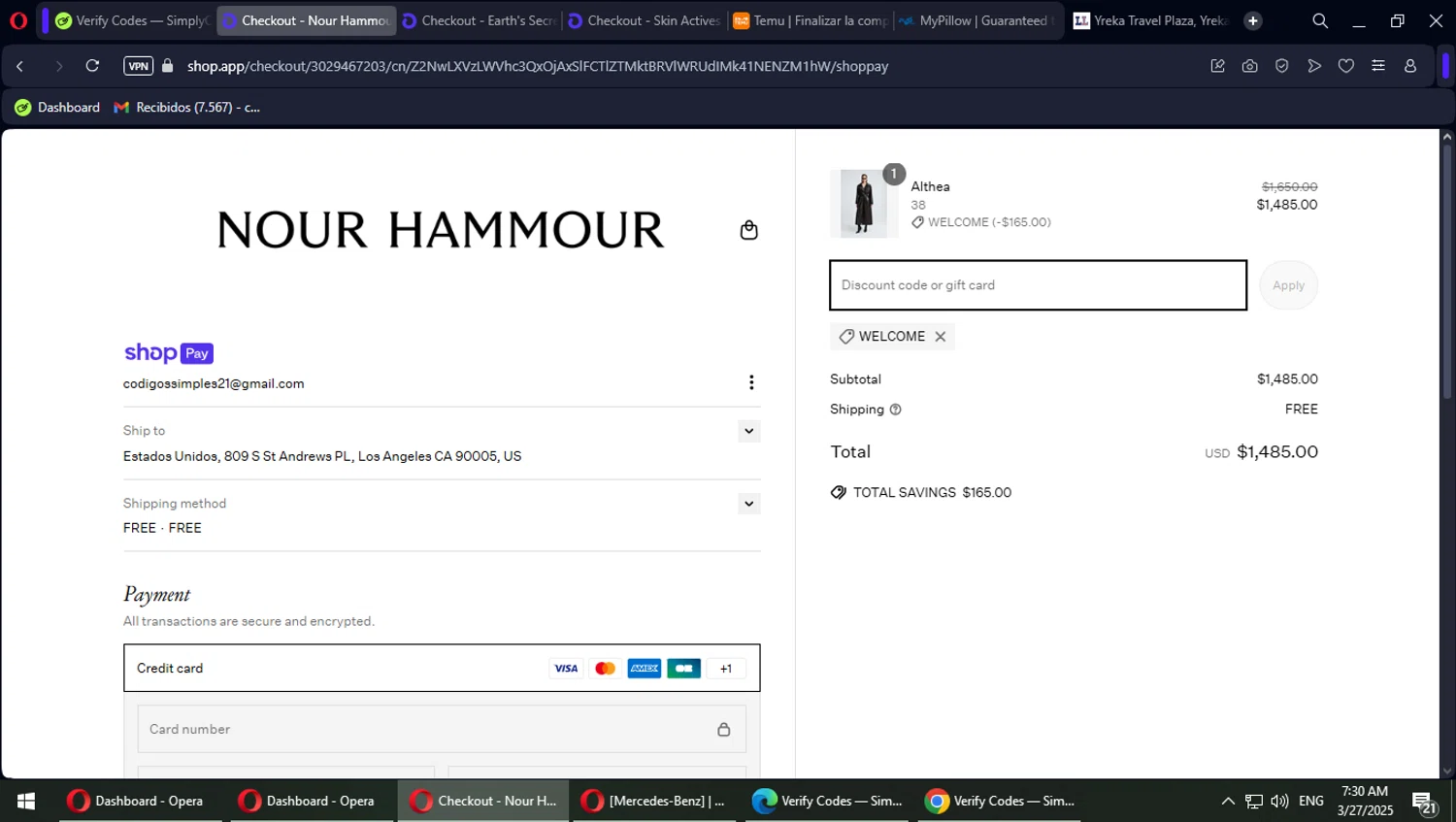 Nour Hammour discount code screenshot showing code WELCOME applied at Nour Hammour checkout page. Uploaded by SimplyCodes community member Typhlosion on Mar 27, 2025