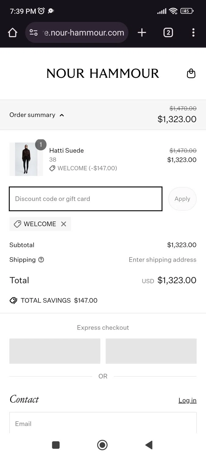 Nour Hammour discount code screenshot showing code WELCOME applied at Nour Hammour checkout page. Uploaded by SimplyCodes community member juliocoronel038ef0f on Apr 19, 2025