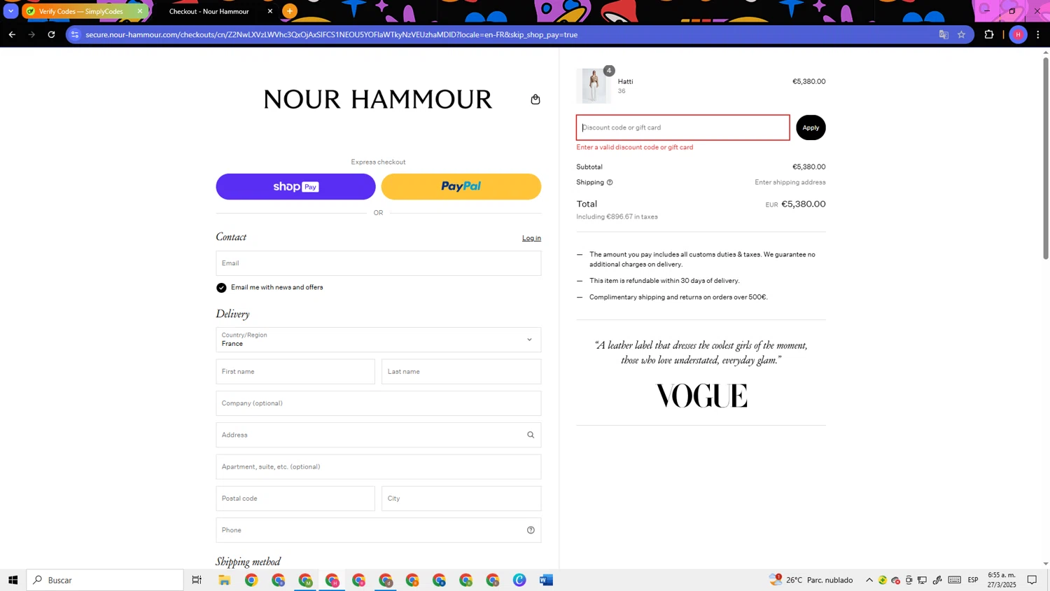 Nour Hammour discount code screenshot showing code TREAT10 applied at Nour Hammour checkout page. Uploaded by SimplyCodes community member TokenSleuth5758 on Mar 27, 2025