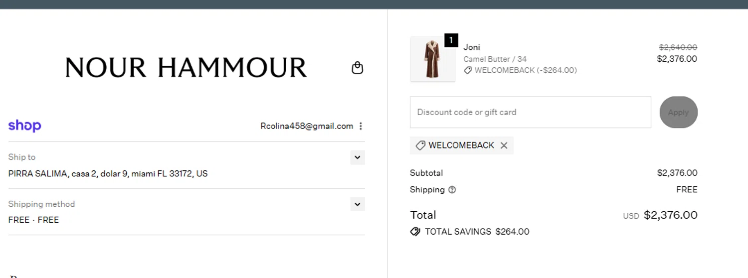Nour Hammour discount code screenshot showing code WELCOMEBACK applied at Nour Hammour checkout page. Uploaded by SimplyCodes community member Acidwire on Oct 27, 2025
