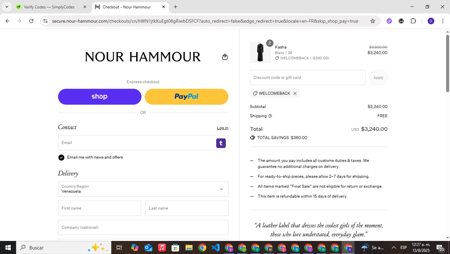Nour Hammour discount code screenshot showing code WELCOMEBACK applied at Nour Hammour checkout page. Uploaded by SimplyCodes community member PrimeNavigator3251 on Aug 13, 2025