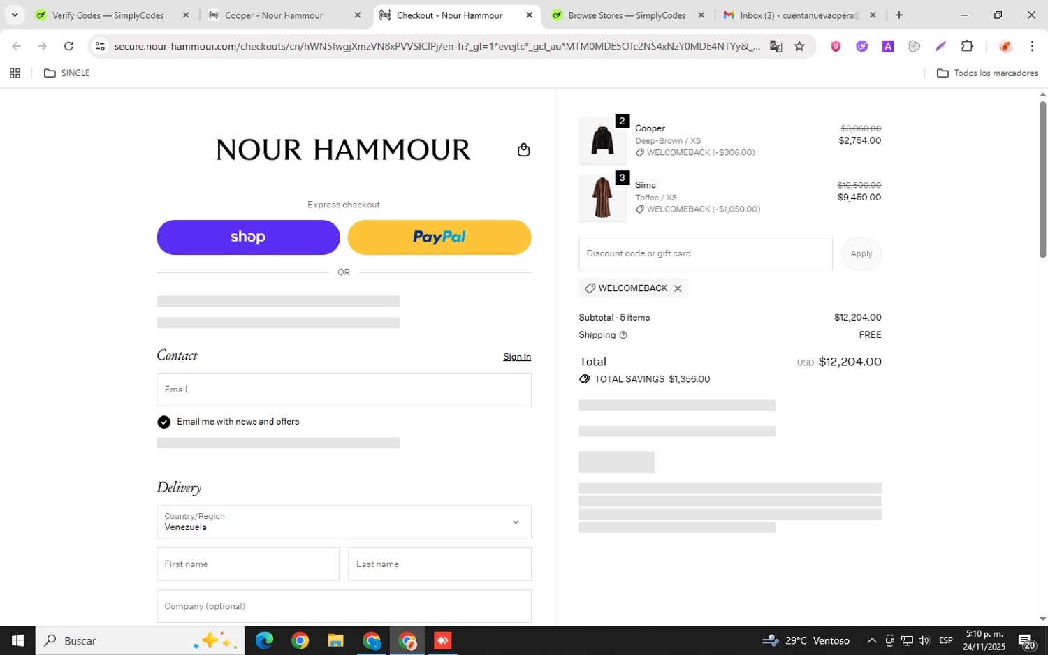 Nour Hammour discount code screenshot showing code WELCOMEBACK applied at Nour Hammour checkout page. Uploaded by SimplyCodes community member donaldJtrump on Nov 24, 2025