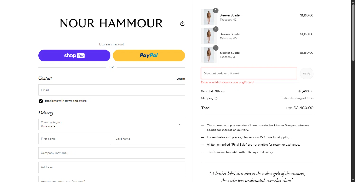 Nour Hammour discount code screenshot showing code Final10 applied at Nour Hammour checkout page. Uploaded by SimplyCodes community member PennyOwl696 on Jun 11, 2025