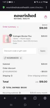 NOURISHED10 coupon verification screenshot