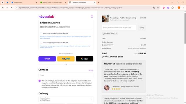 Novaa Lab checkout page showing Novaa Lab discount code box | Screenshot taken by SimplyCodes community member on Sep 3, 2025