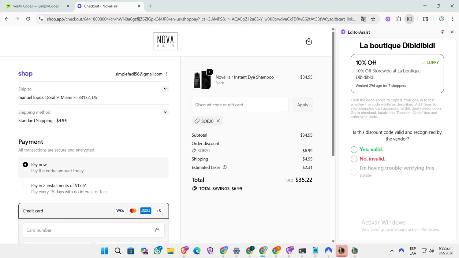 NovaHair checkout page showing NovaHair discount code box | Screenshot taken by SimplyCodes community member on Feb 9, 2026