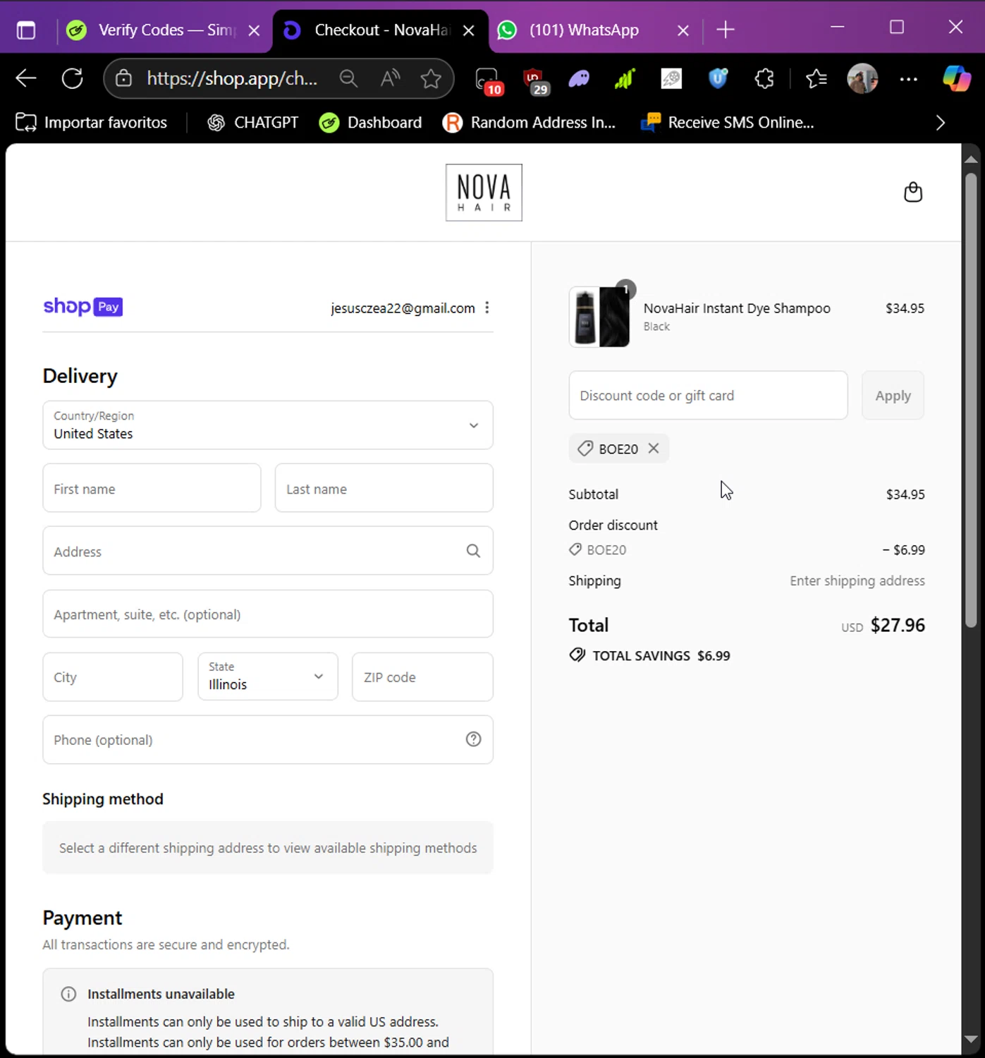 NovaHair discount code screenshot showing code BOE20 applied at NovaHair checkout page. Uploaded by SimplyCodes community member Raibelys_18 on Aug 19, 2025
