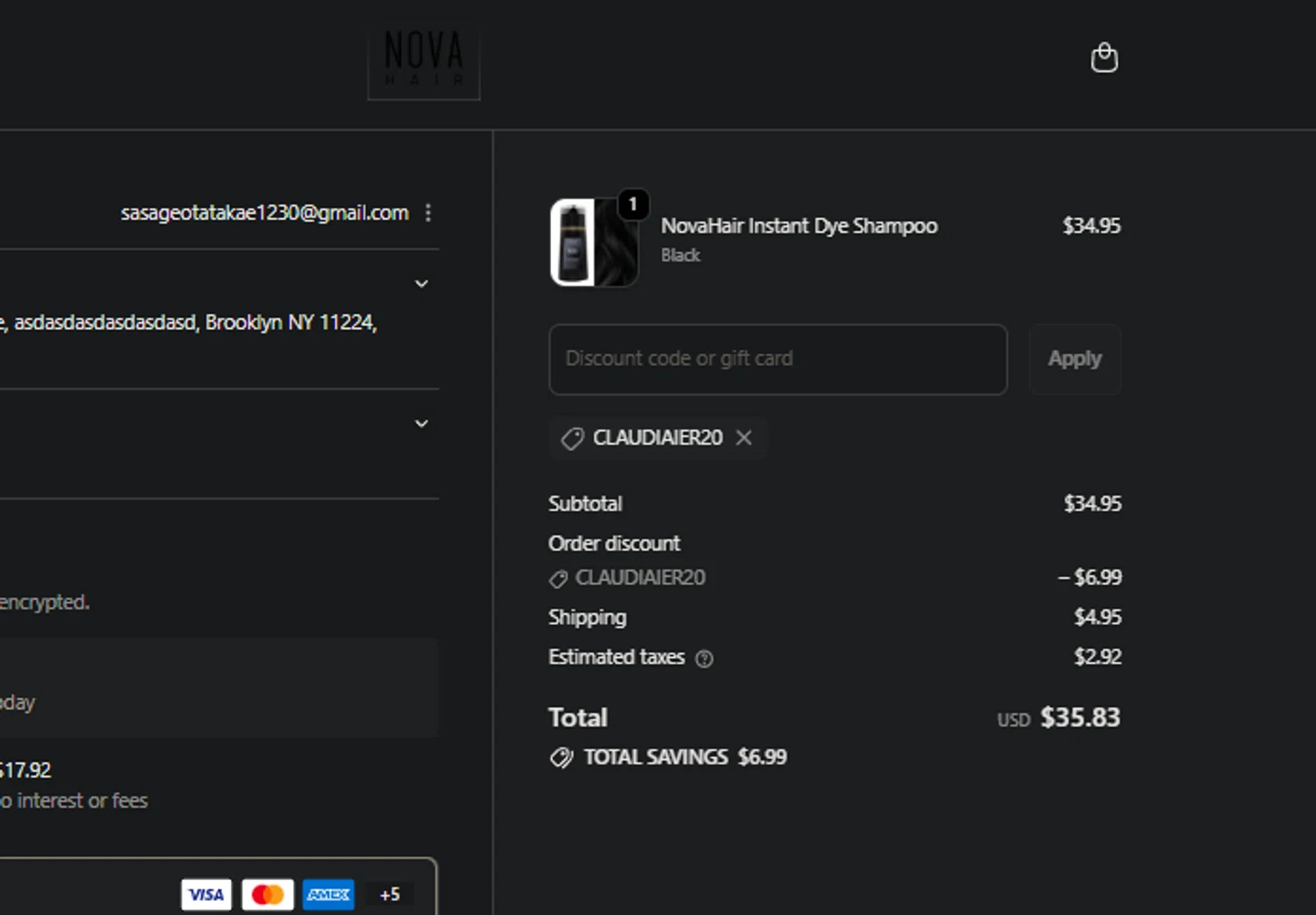 NovaHair checkout page showing NovaHair discount code box | Screenshot taken by SimplyCodes community member on Feb 9, 2026