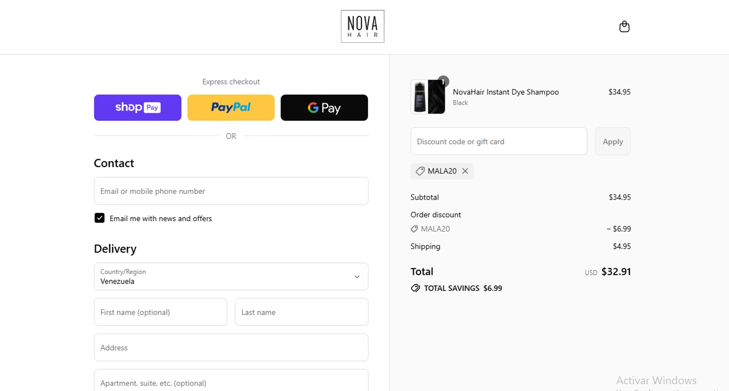 NovaHair discount code screenshot showing code MALA20 applied at NovaHair checkout page. Uploaded by SimplyCodes community member Gaby04 on Aug 19, 2025
