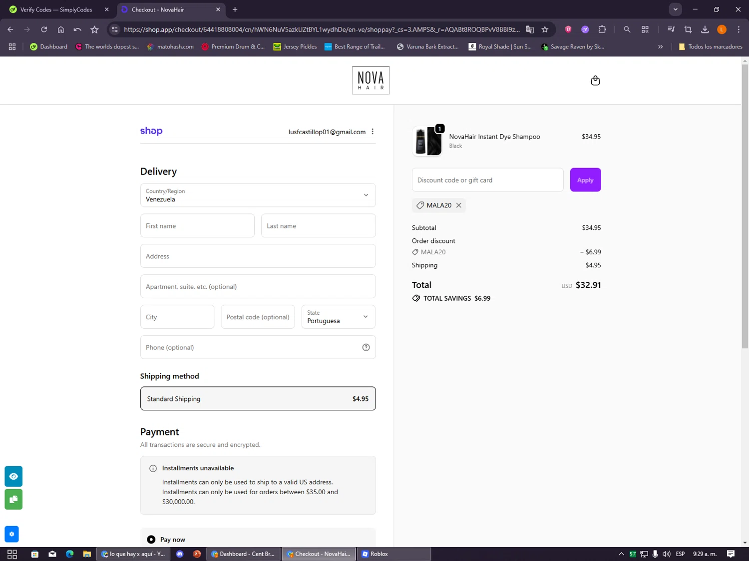 NovaHair discount code screenshot showing code MALA20 applied at NovaHair checkout page. Uploaded by SimplyCodes community member VayneChambeadora on Dec 13, 2025