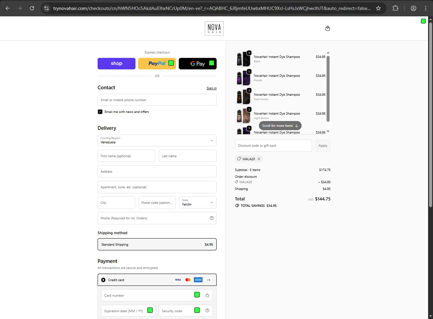 NovaHair discount code screenshot showing code MALA20 applied at NovaHair checkout page. Uploaded by SimplyCodes community member kaiser2 on Nov 14, 2025