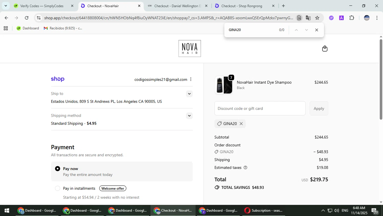NovaHair discount code screenshot showing code GINA20 applied at NovaHair checkout page. Uploaded by SimplyCodes community member TrevorPhilips on Nov 14, 2025
