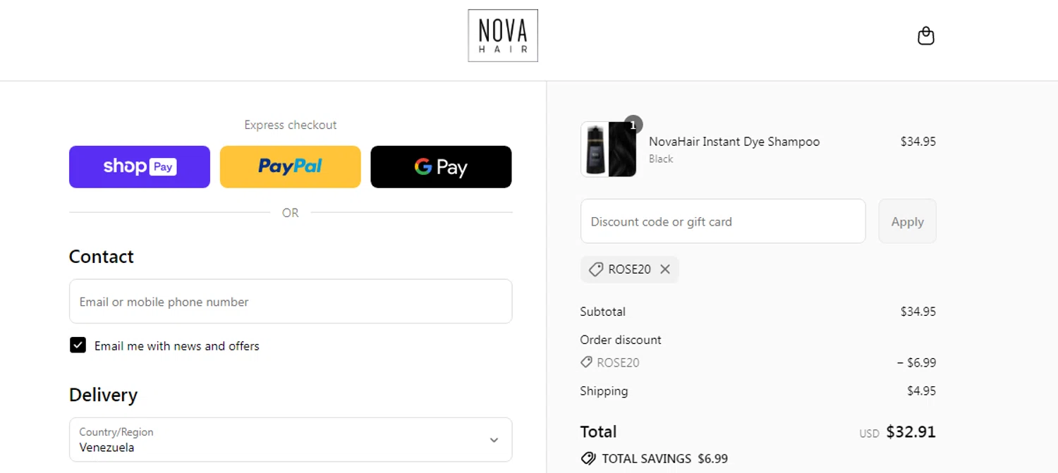 NovaHair discount code screenshot showing code ROSE20 applied at NovaHair checkout page. Uploaded by SimplyCodes community member RonaldAcunaJr on Aug 19, 2025