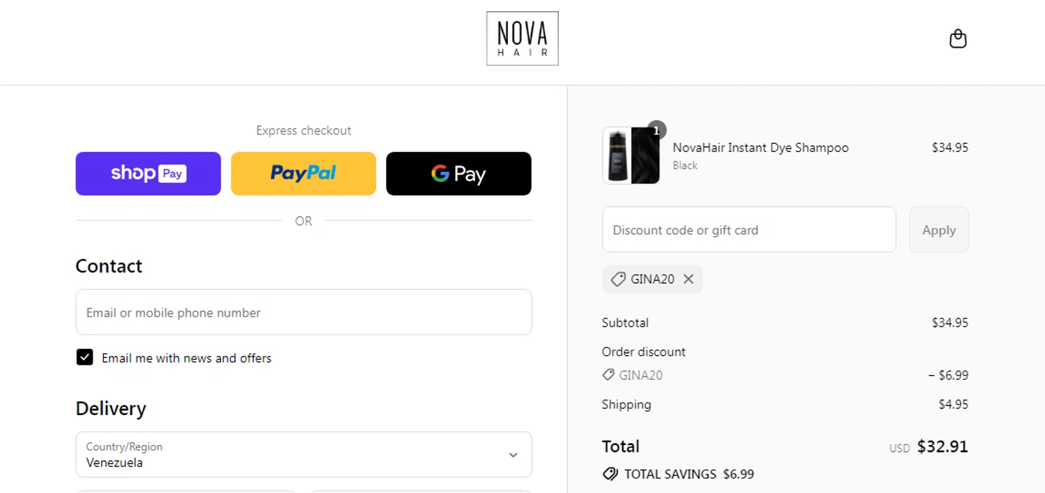 NovaHair discount code screenshot showing code GINA20 applied at NovaHair checkout page. Uploaded by SimplyCodes community member RonaldAcunaJr on Aug 19, 2025