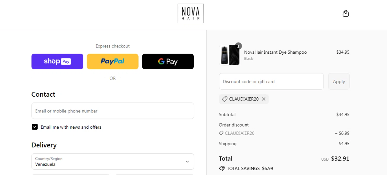 NovaHair discount code screenshot showing code CLAUDIAIER20 applied at NovaHair checkout page. Uploaded by SimplyCodes community member RonaldAcunaJr on Aug 19, 2025
