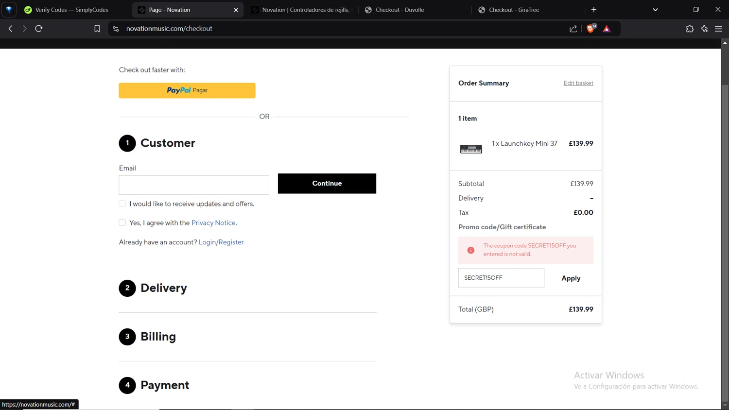 Novation promo code screenshot showing code SECRET15OFF applied at Novation checkout page. Uploaded by SimplyCodes community member VoucherShopper4674 on Feb 3, 2025