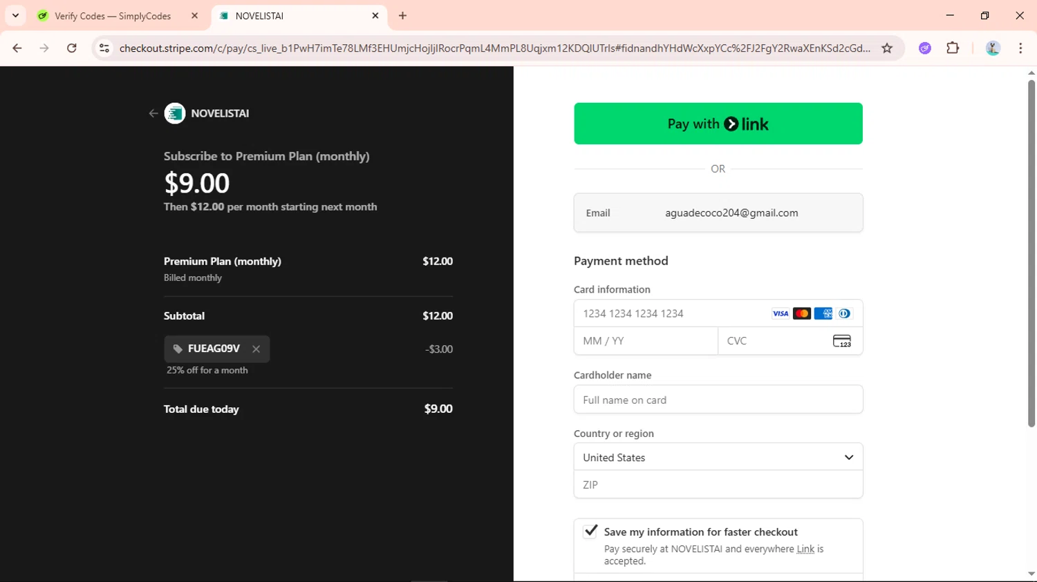 NovelistAI promo code screenshot showing code FUEAG09V applied at NovelistAI checkout page. Uploaded by SimplyCodes community member Aguaita_coco on Dec 3, 2025