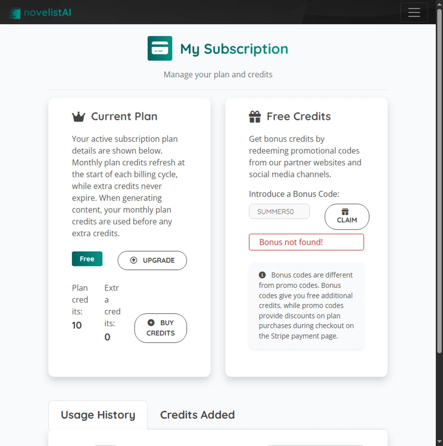 NovelistAI promo code screenshot showing code SUMMER50 applied at NovelistAI checkout page. Uploaded by SimplyCodes community member Leannysv7lla on Aug 9, 2025