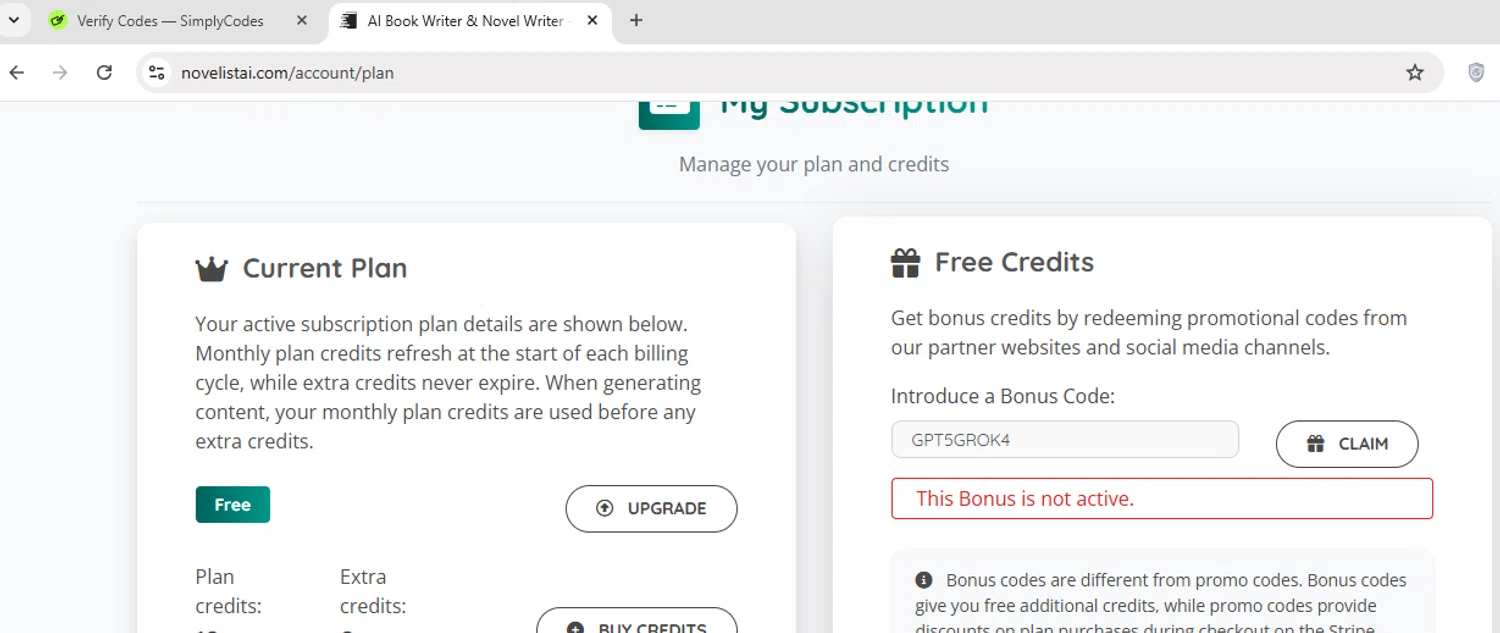 NovelistAI promo code screenshot showing code GPT5GROK4 applied at NovelistAI checkout page. Uploaded by SimplyCodes community member Mykeanderon on Sep 13, 2025