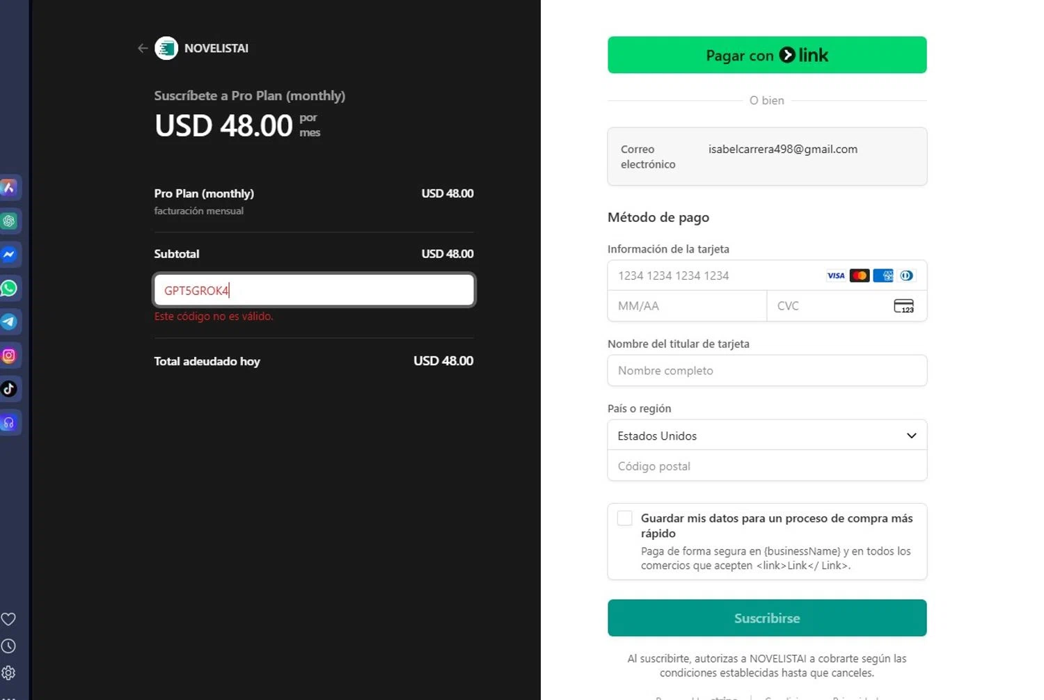 NovelistAI promo code screenshot showing code GPT5GROK4 applied at NovelistAI checkout page. Uploaded by SimplyCodes community member andrescarreraborges on Sep 13, 2025
