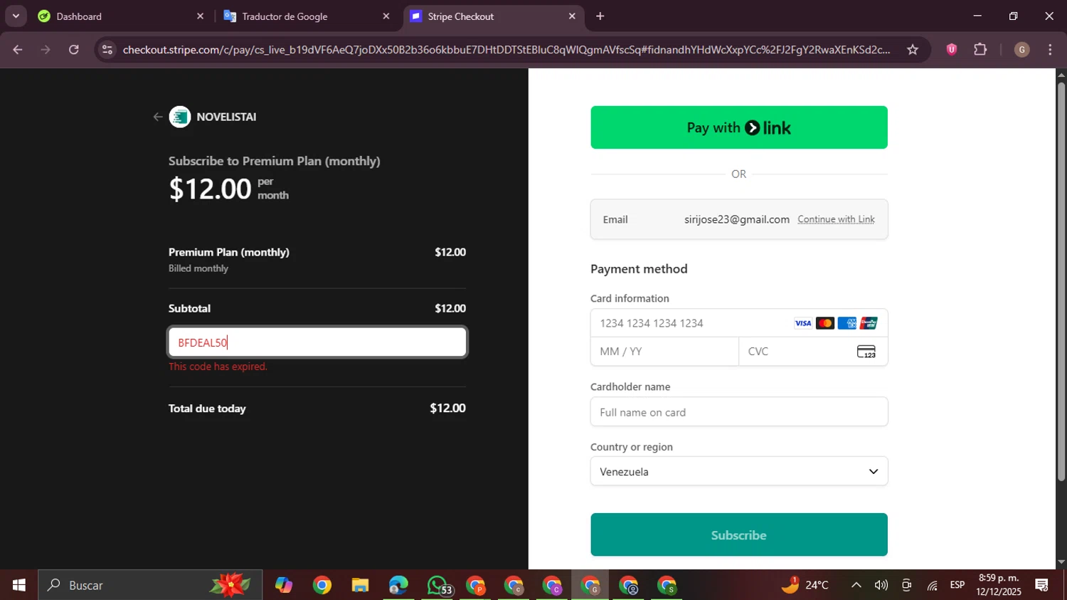 NovelistAI promo code screenshot showing code BFDEAL50 applied at NovelistAI checkout page. Uploaded by SimplyCodes community member GloriousDefender7889 on Dec 13, 2025