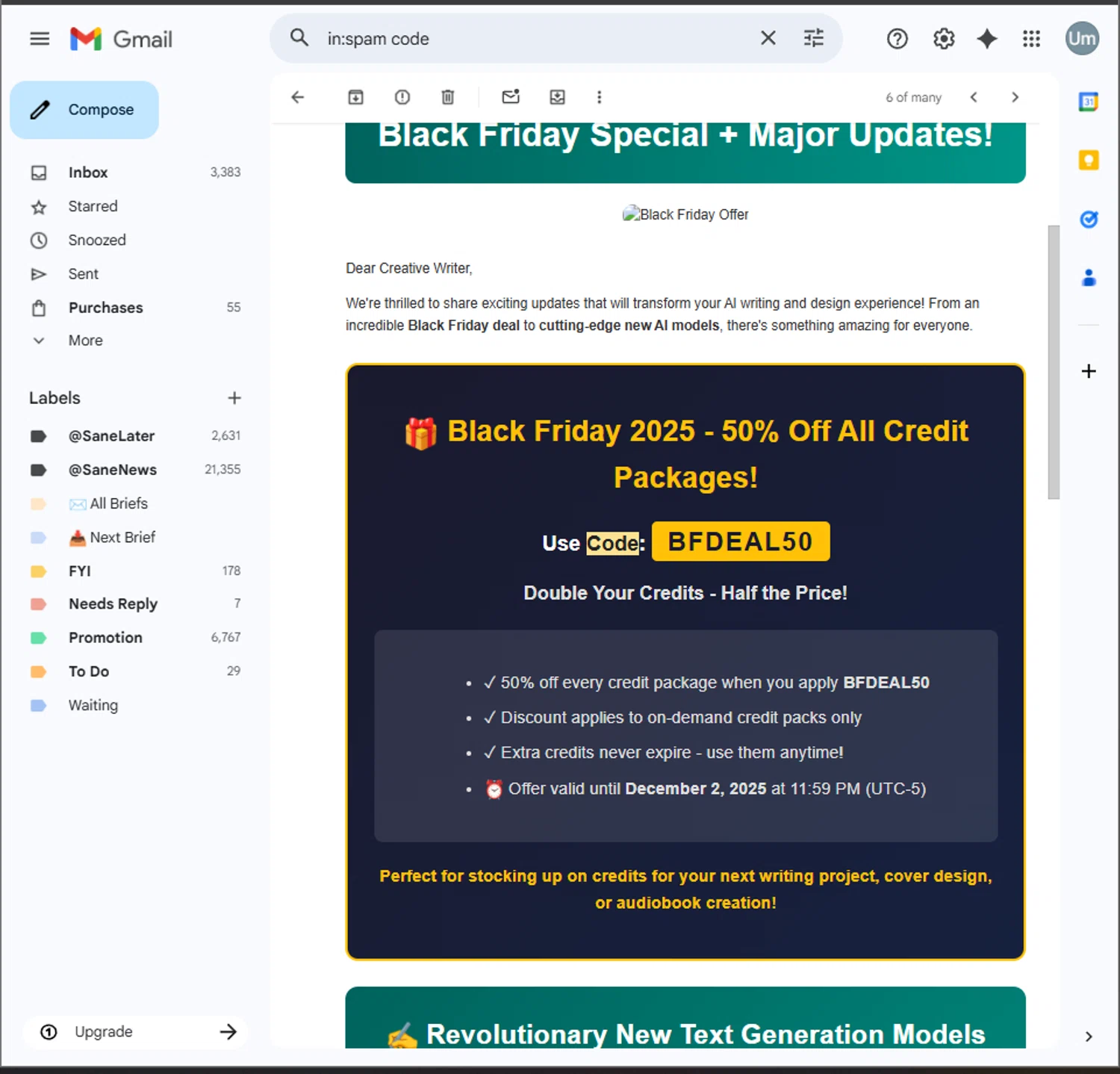 NovelistAI promo code screenshot showing code BFDEAL50 applied at NovelistAI checkout page. Uploaded by SimplyCodes community member PillarsofCreation on Nov 26, 2025