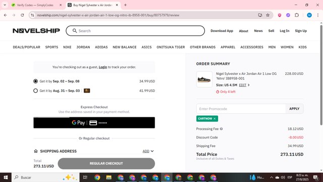 Novelship checkout page showing Novelship promo code box | Screenshot taken by SimplyCodes community member on Aug 27, 2025