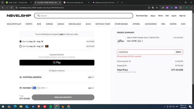 Novelship checkout page showing Novelship promo code box | Screenshot taken by SimplyCodes community member on Aug 16, 2025