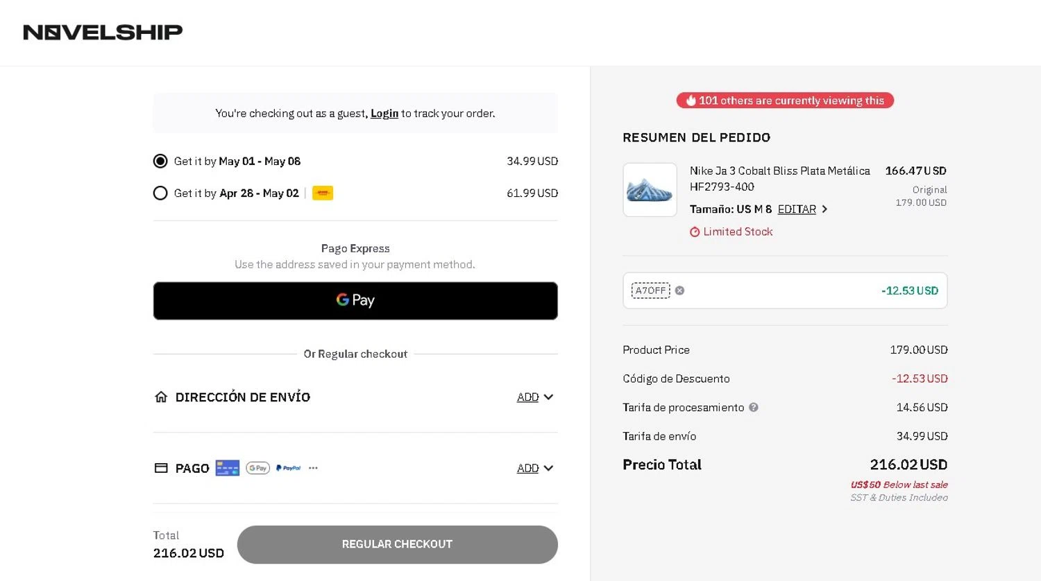 Novelship promo code screenshot showing code A7OFF applied at Novelship checkout page. Uploaded by SimplyCodes community member LAMINEJAMAL on Apr 25, 2026