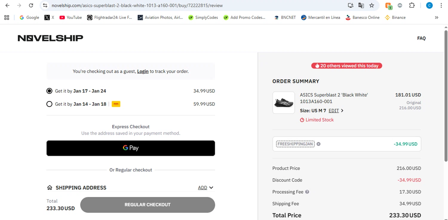 Novelship promo code screenshot showing code FREESHIPPINGJAN applied at Novelship checkout page. Uploaded by SimplyCodes community member victor on Jan 11, 2026