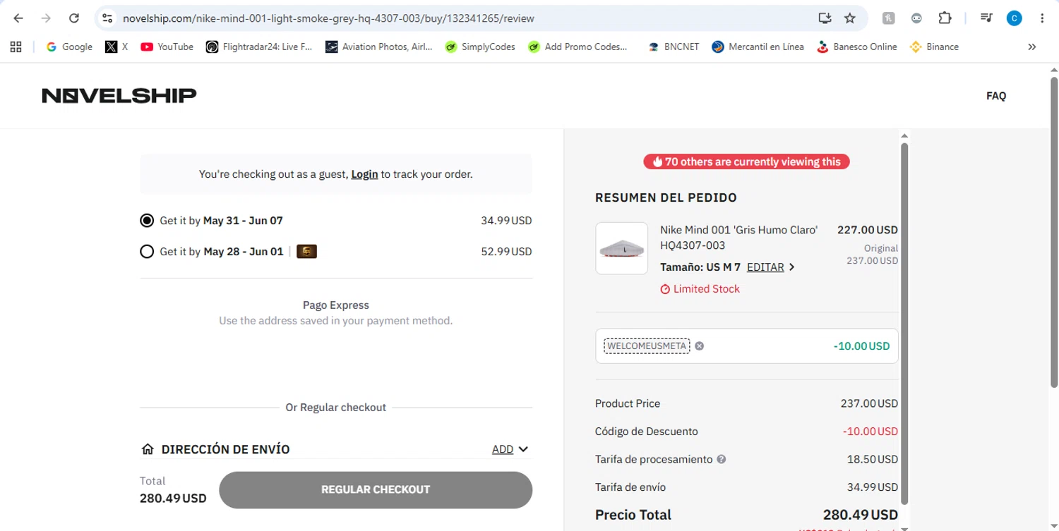 Novelship promo code screenshot showing code WELCOMEUSMETA applied at Novelship checkout page. Uploaded by SimplyCodes community member victor on May 25, 2026