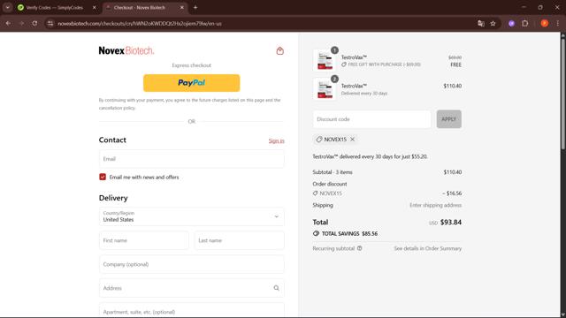 Novex Biotech checkout page showing Novex Biotech discount code box | Screenshot taken by SimplyCodes community member on Sep 10, 2025