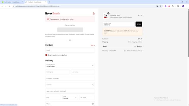 Novex Biotech checkout page showing Novex Biotech discount code box | Screenshot taken by SimplyCodes community member on Sep 10, 2025