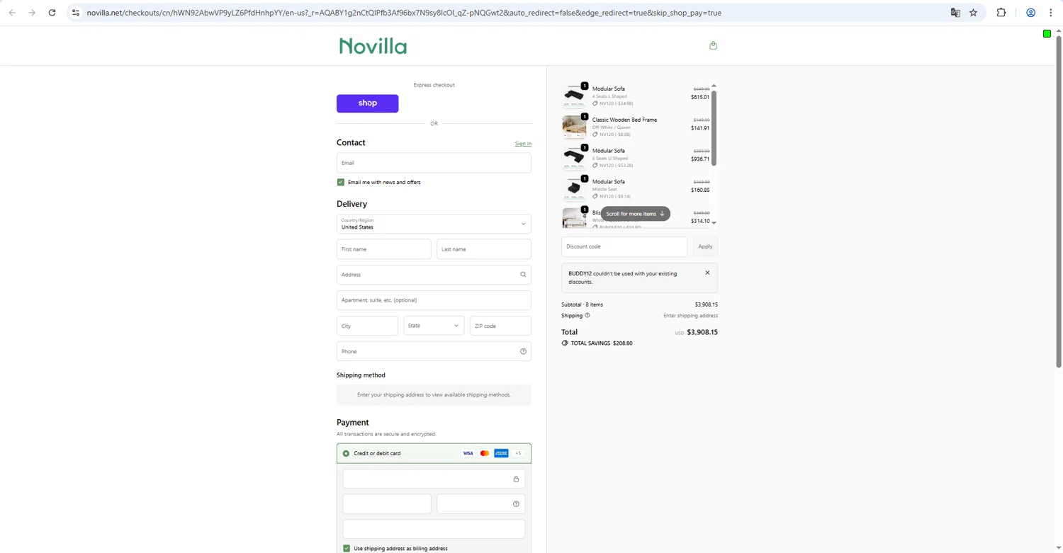 Novilla promo code screenshot showing code BUDDY12 applied at Novilla checkout page. Uploaded by SimplyCodes community member kaiser2 on Feb 21, 2026