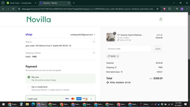 Novilla checkout page showing Novilla coupon code box | Screenshot taken by SimplyCodes community member on Sep 1, 2025
