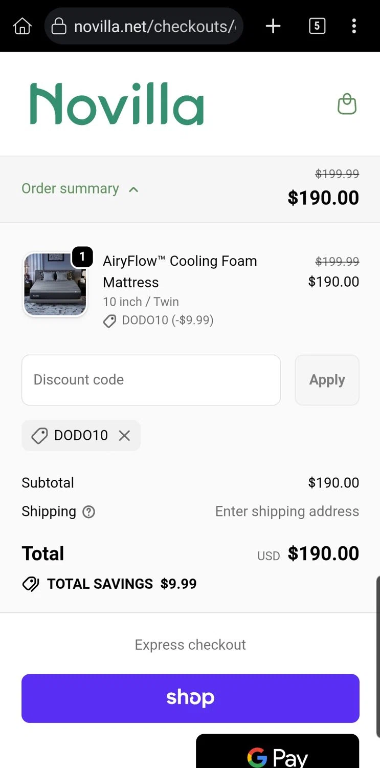 Novilla promo code screenshot showing code DODO10 applied at Novilla checkout page. Uploaded by SimplyCodes community member Carloslvz on Feb 21, 2026