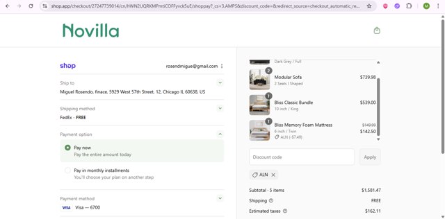 Novilla checkout page showing Novilla coupon code box | Screenshot taken by SimplyCodes community member on Sep 1, 2025