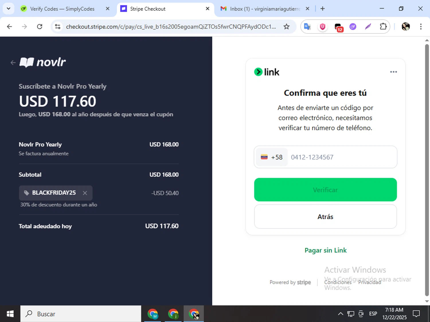 Novlr promo code screenshot showing code BLACKFRIDAY25 applied at Novlr checkout page. Uploaded by SimplyCodes community member mariapolancog on Dec 22, 2025