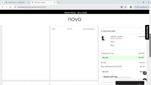 NOVO Shoes checkout page showing NOVO Shoes promo code box | Screenshot taken by SimplyCodes community member on May 31, 2025